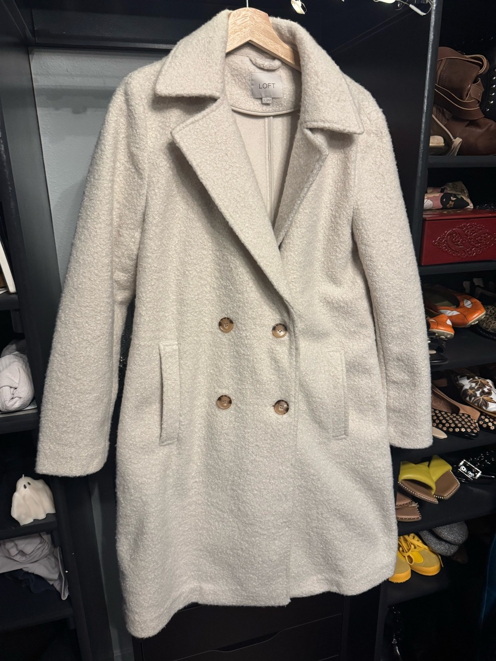 LOFT Cream Double-Breasted Bouclé Pea Coat